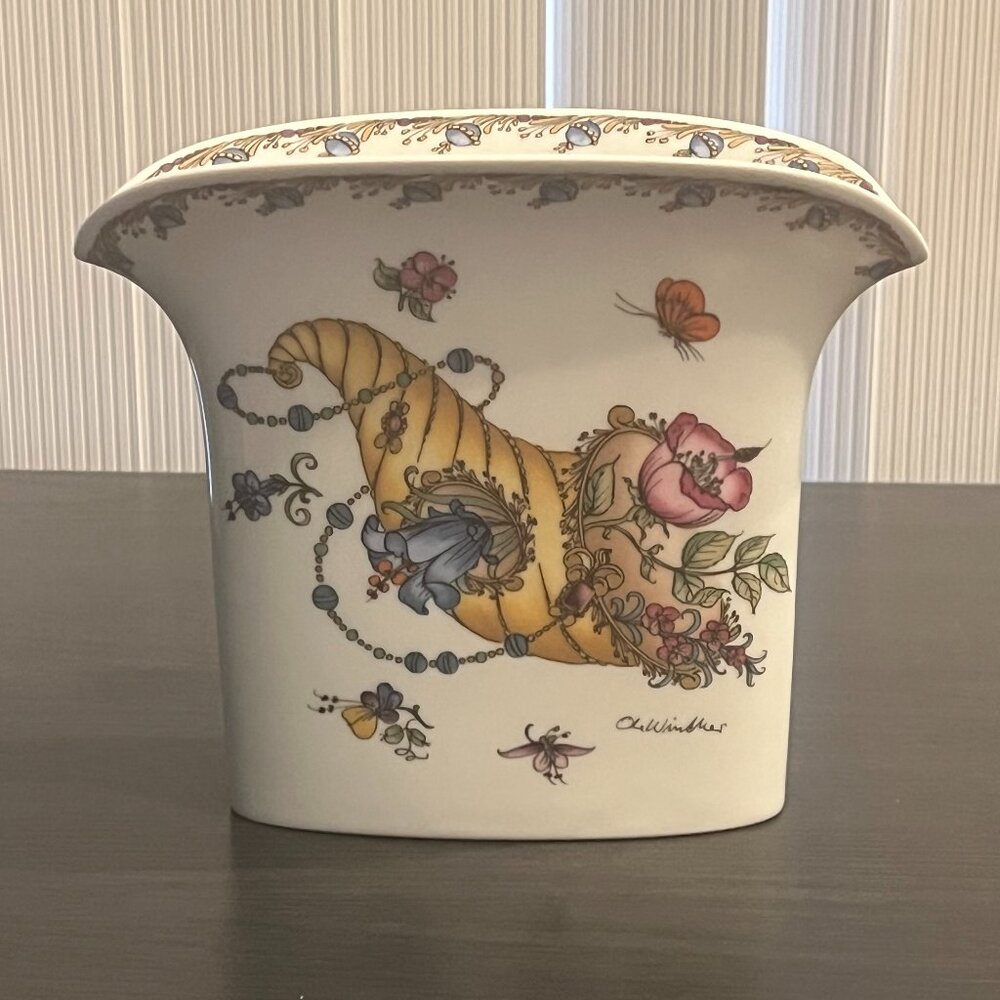 Vintage Hutschenreuther Handpainted Vase Cornicopia & Flowers. Signed & Numbered